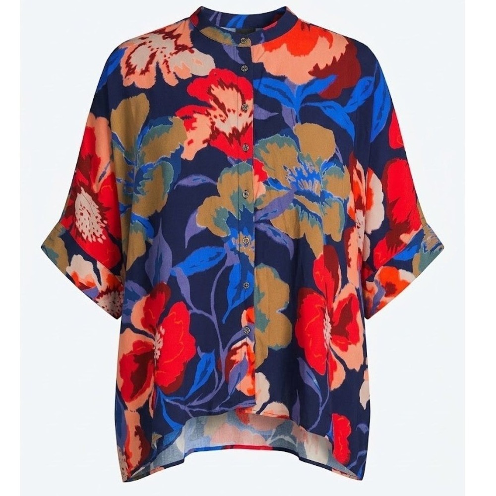 Ulla Popken Womens Plus 24/26 Floral Blouse Navy Blue Red Short Sleeve Button Up